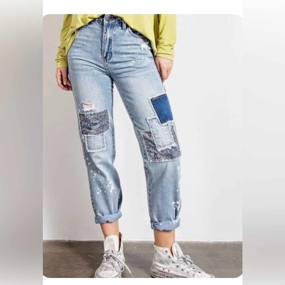 Easel size L distressed patchwork jeans